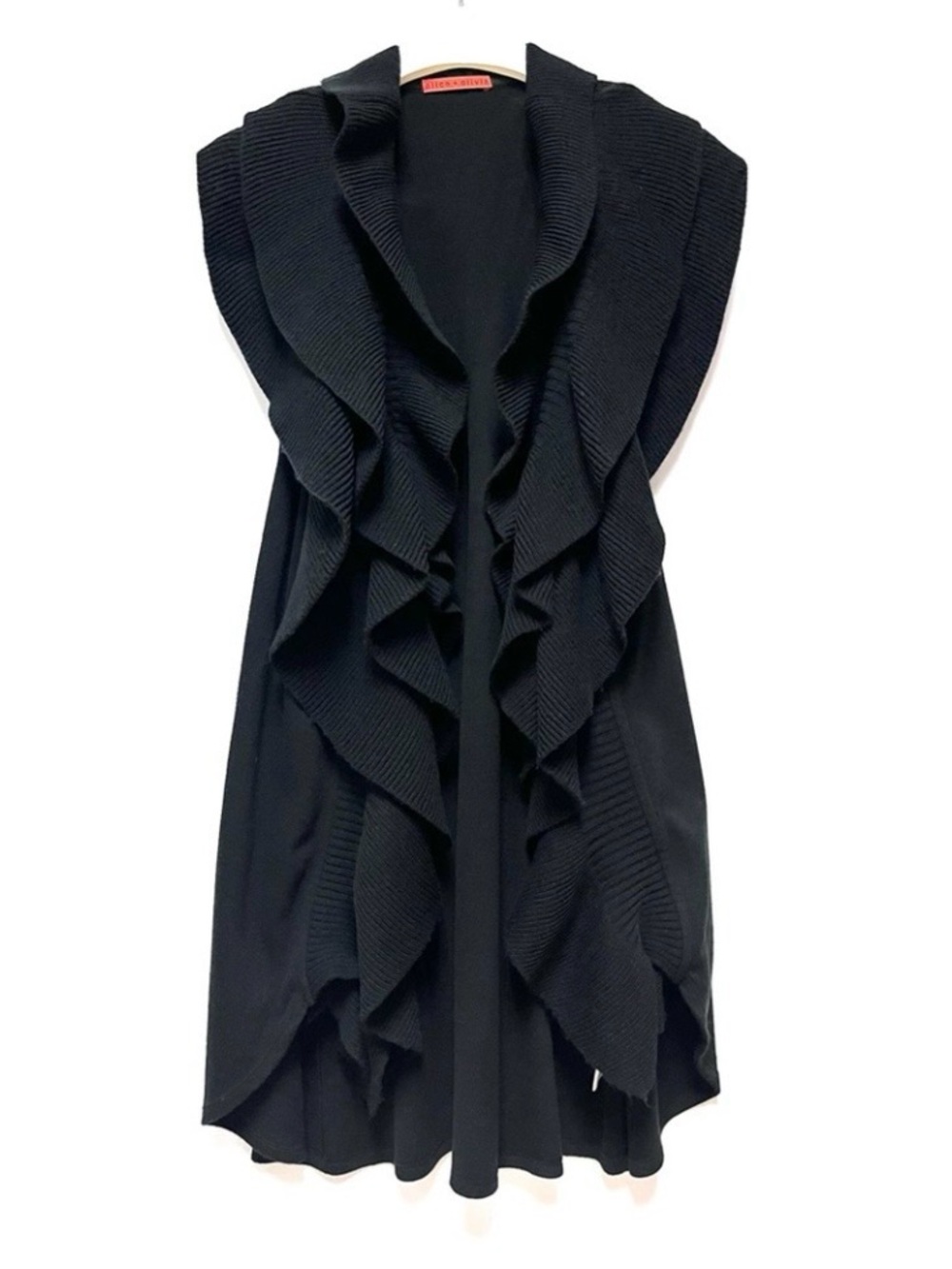 Alice + Olivia Long Ruffle Sweater Vest Black Waterfall Cardigan Layering XS